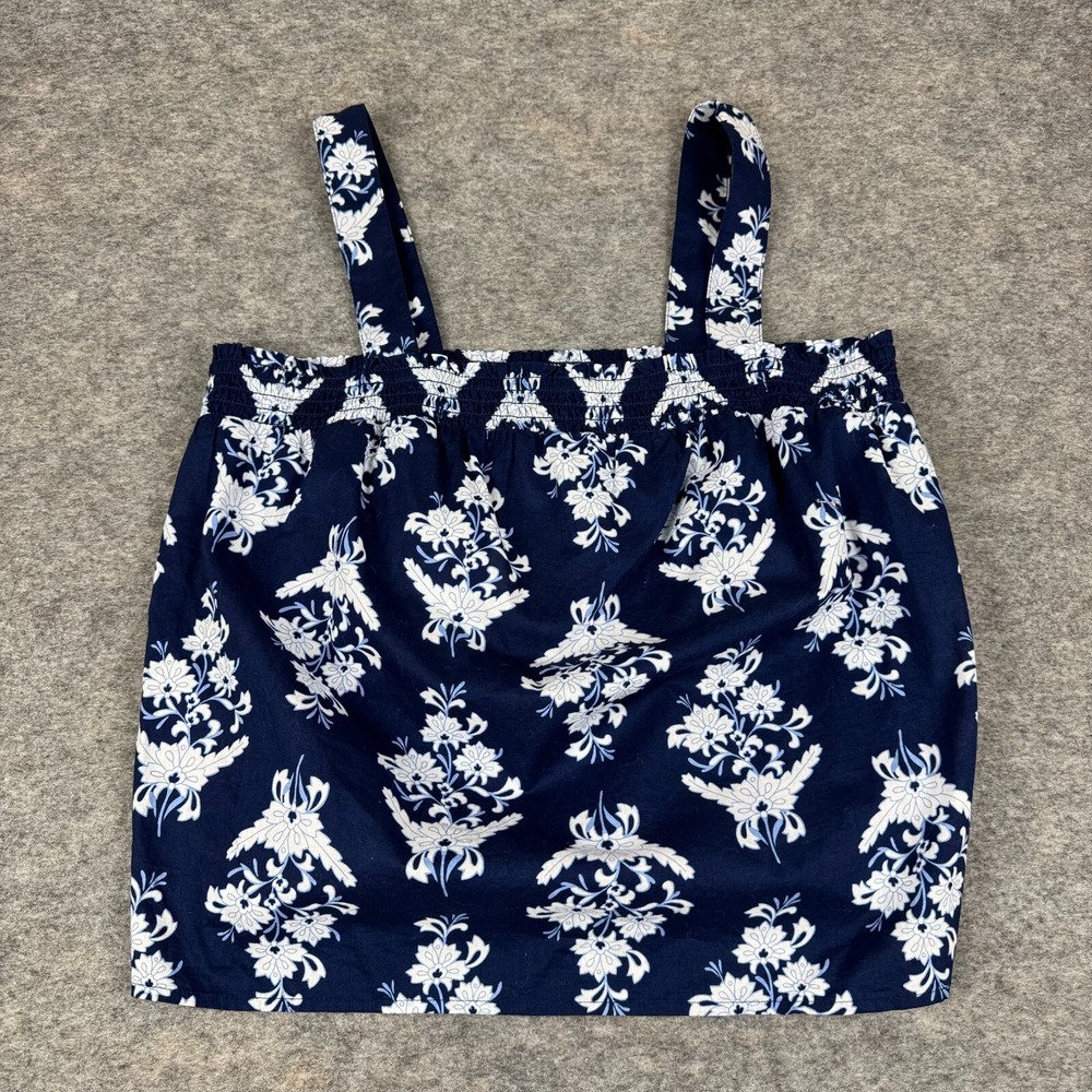 J Crew Factory Block Print Square Neck Smocked Top Tank Blue Womens Medium M